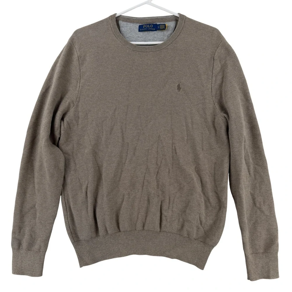 Polo Ralph Lauren Sweater Mens Large‎ Beige Cotton Crewneck Knit Pullover Logo